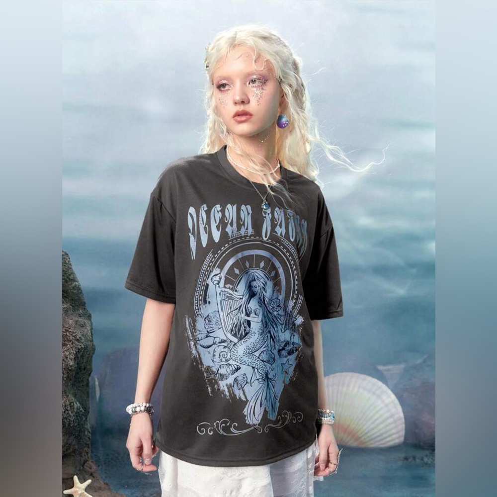 Romwe Fairycore Mermaid Letter Graphic Drop Shoulder Tee Grey Oversized